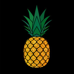 Pineapple golden with leaf. Tropical gold exotic fruit isolated black background. Symbol of organic food, summer, vitamin, healthy. Nature logo. Design element silhouette icon. Vector illustration