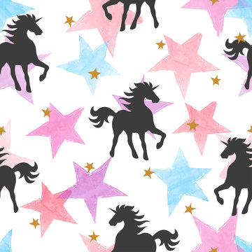 Vector seamless pattern with unicorns and colorful watercolor stars.