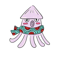cute cuttlefish wearing scarf for winter season greeting hand draw cartoon