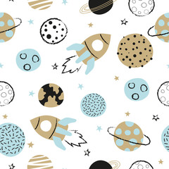Seamless vector childish space pattern with hand drawn planets and rockets.