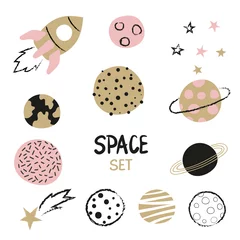Photo sur Plexiglas Cosmos Ensemble d& 39 éléments spatiaux dessinés à la main - fusée, planètes et étoiles isolées sur blanc. Illustration vectorielle enfantine.