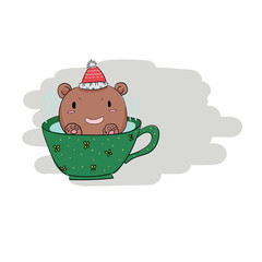 cute bear in cup wearing Christmas hat hand draw cartoon