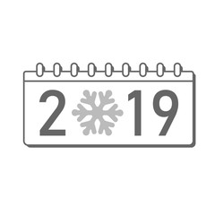 Calendar Happy New Year 2019. Number isolated on white background. Gray template cover. Christmas snowflake. Silver flat design for banner, decoration, holiday celebration. Vector illustration