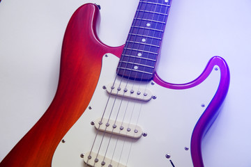 red-white electric guitar, Close-up. Toning