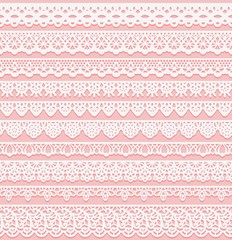 Set of horizontal seamless borders for wedding design. White lace silhouette isolated on pink background. Suitable for laser cutting. - obrazy, fototapety, plakaty