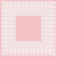 White lace square doily on a pink background. Suitable for laser cutting - obrazy, fototapety, plakaty
