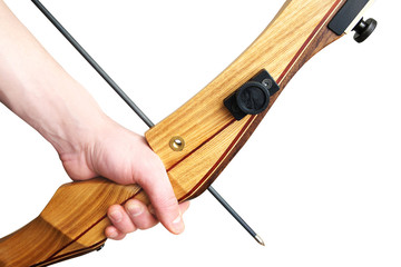 hand, recurve bow and the tense arrow on the white isolated background