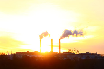 chimney emission on background a sunny dawn