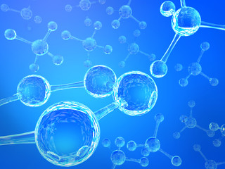 Science blue background with molecules, 3D render - high bio technologies.