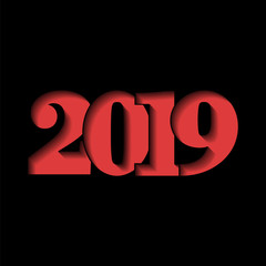 Happy new year card. Red 3D number 2019, isolated on black background. Graphic design for holiday celebration, greeting text, Christmas banner decoration. Vector illustration