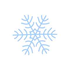 Snowflake icon. Blue silhouette snow flake sign, isolated on white background. Flat design. Symbol of winter, frozen, Christmas, New Year holiday. Graphic element decoration. Vector illustration