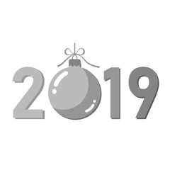 Happe New Year silver background. Isolated 2019 gray numbers, bauble. Flat Christmas ball. Design for celebration card, holiday greeting, calendar, banner. Typography graphic. Vector illustration