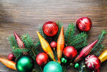 Conifer branches and Christmas decorations