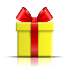 Gift box icon. Surprise present template, red ribbon bow, isolated white background. 3D design decoration for Christmas, New Year, birthday celebration, Valentine Day. Vector illustration