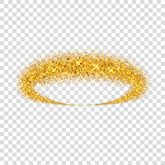Gold circle. Light glitter effect. Golden ring, isolated white transparent background. Ellipse magic element. Foil texture. Christmas decoration, round frame, New Year design. Vector illustration