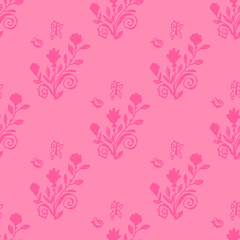 Rose bushes with butterflies. Floral seamless pattern with flowers. Pink background for wrapping paper, textile, card, web. Vector illustration.