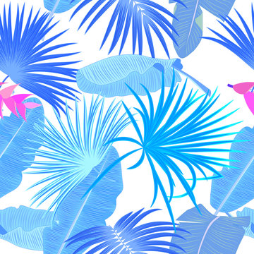 Tropical jungle blue palm leaves seamless pattern, vector floral background