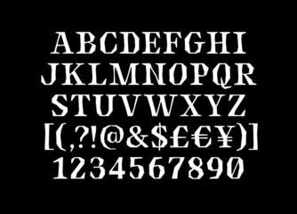Broken sharp verged uppercase latin font, all capitals alphabet, bold engraved roman serif letters, cut antique lettering, english typeset, punctuation, symbols and numerals 
