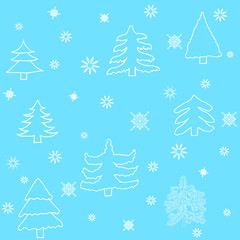 Seamless vector pattern with christmas trees and snowflakes. Can be used for wallpaper, textile, packing, pattern fills, web page background. Creative Hand Drawn textures for winter holidays.