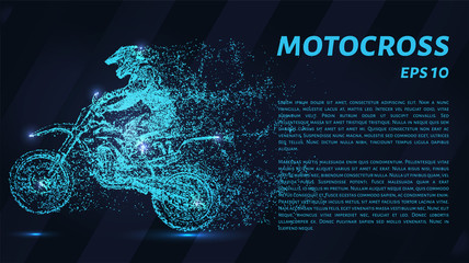Motocross of blue glowing dots. Motorcyclist falls apart.