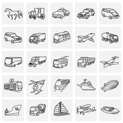 Transportation and vehicles thin line on squares background icons