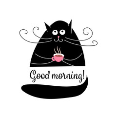 Black cat with a cup of coffee, wishing good morning, isolated vector graphic illustration on white background - 232349039