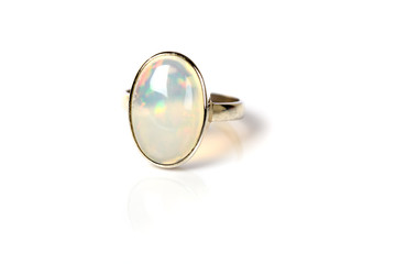 Opal Ring in silver iridescent on white background