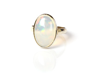 Opal Ring in silver iridescent on white background