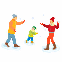 Happy family throwing snowballs - cartoon people characters illustration on white background. Concept of winter activity, New Year, Christmas. Smiling mother and father with children play outdoors