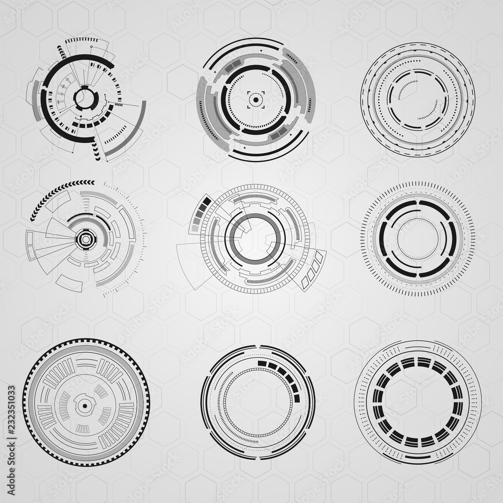 Poster set of sci fi futuristic user interfaces on grey background. vector illustration.