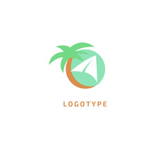 Palm tree icon. Vector flat style illustration resort, hotel logo template. Logo concept of island, loukost, tour, trip, booking hotel, travel application, tourism, summer.