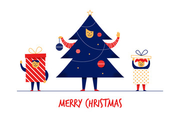 Flat cartoon boy girl family characters Merry Christmas New Year greeting card banner concept.Happy smiling flat people in new year tree,gift boxes cosplay costumes,celebration postcard