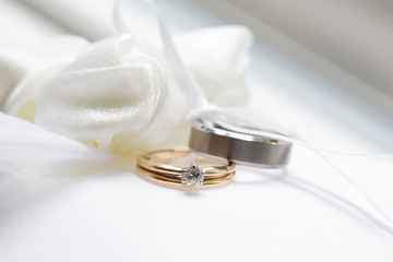 Wedding Engagement ring and band on ring white bearer pillow