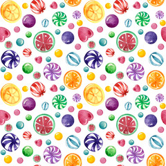 watercolor seamless raster pattern with different sweets, dots 