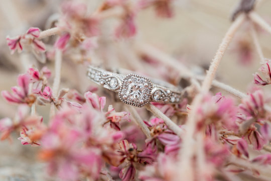 princess cut diamond engagement wedding ring with pink desert flowers