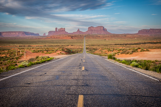 The road leading to Monument Valley, an area of giant red rock formations on the Arizona and Utah border, at sunrise