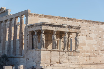 The Porch of the Caryatids in The Erechtheion an ancient Greek temple, Acropolis of Athens, Greece....