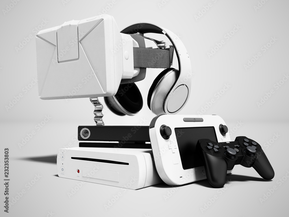 Poster set of game consoles portable console camera for playing with headphones and virtual reality glasses