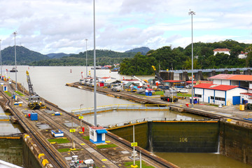Locks at Panama Canal, showing difference of water level. Panama