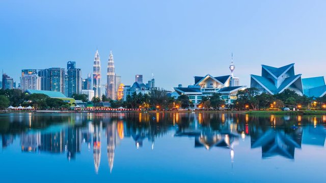 Day to Night Kuala Lumpur Cityscape  Of Malaysia 4K Time Lapse (zoom out)