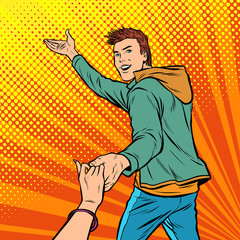 follow me. man and woman couple