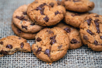 Cookie with chocolate drops, macro picture of cookie in details