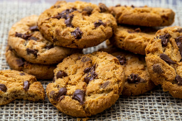 Cookie with chocolate drops, macro picture of cookie in details