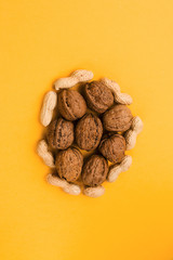 Walnuts and peanuts on a yellow background