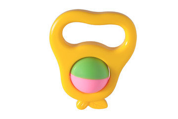 Image of yellow baby rattle isolated on white background.