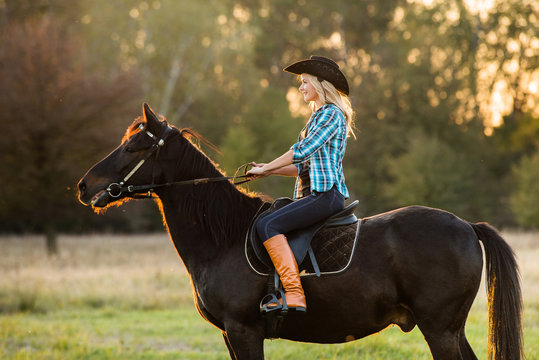 Girl equestrian rider riding a beautiful horse  in the rays of the setting sun. Horse theme   