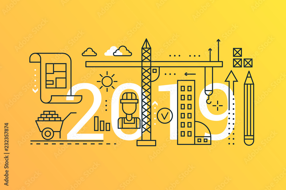 Poster building and construction 2019 word trendy composition concept banner. outline stroke architecture p