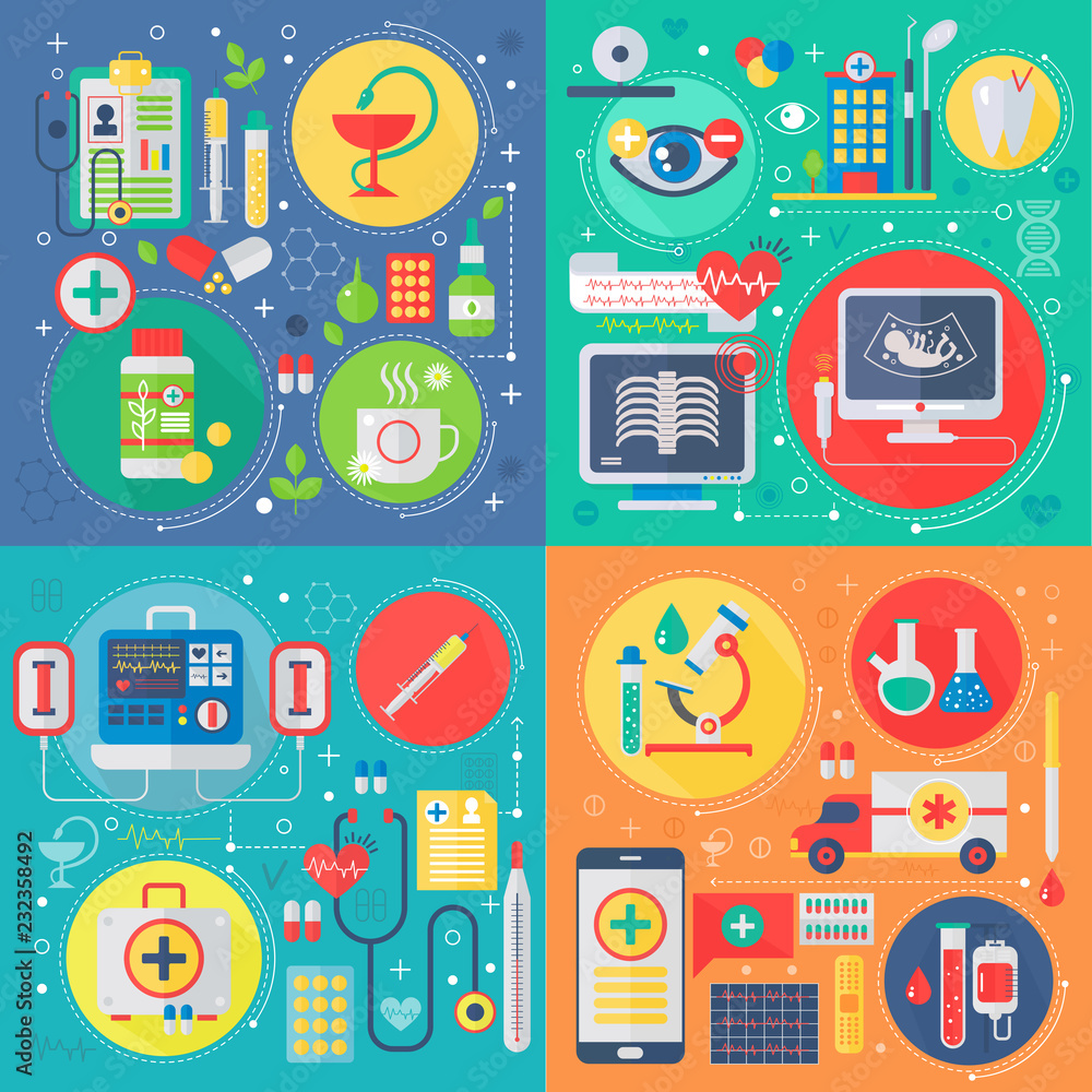 Poster trendy flat design medicine and healthcare vector set of web icons. medical square concepts set.