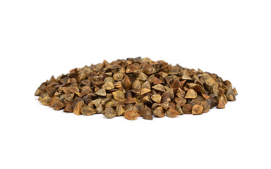 A Pile of Sprouting (in Hull) Buckwheat Seed. Isolated on White Background.