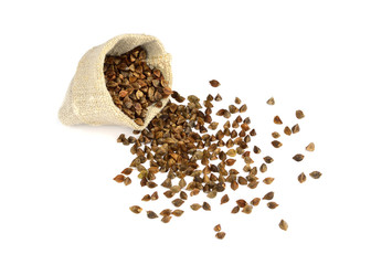 Buckwheat Sprouting (in-Hull) Seed in a Sack Bag. Isolated on White Background.